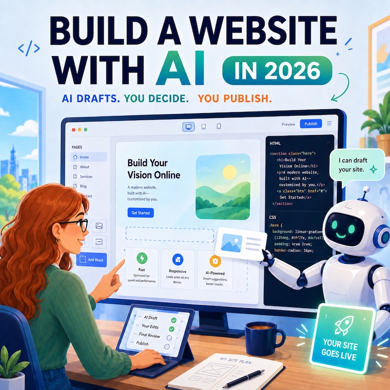 Image is created with the GPT-5.6 Sol. Prompt: A female designer with long red hair and glasses collaborating with an AI assistant to build a website, modern editorial technology illustration in soft blue and green colours