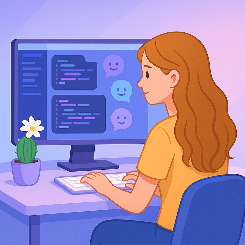 DALL·E via ChatGPT (GPT-5): AI-Assisted Coding Workspace. Prompt used: A clean, soft, friendly illustration of a female developer coding with AI assistance in a Cursor-inspired IDE. She sits at a desk with a bright modern setup. She has rich honey-blonde hair, slightly long with a soft curl, falling down her back. The UI on the monitor shows a Cursor-style layout with multiple agent bubbles and code panels, but without any logos. Use brighter colours with soft blue, lavender, and pastel purple gradients. On the left side of the desk, place a small lavender-coloured pot with a cactus blooming a white flower. Add a warm, calm lighting atmosphere. The style should be flat, modern, clean, and friendly, not too futuristic. 800×800 format.