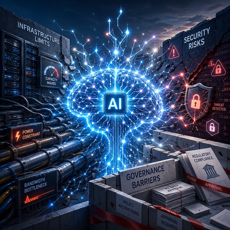 Generated by ChatGPT / OpenAI image generation. Prompt: AI systems expanding rapidly but constrained by infrastructure, security risks, and governance barriers.