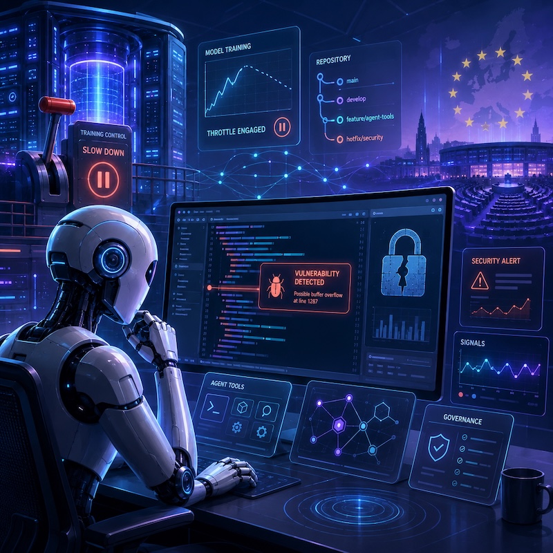 Generated with ChatGPT / OpenAI. Prompt: A futuristic AI control room showing a robot analysing a software vulnerability, a frontier model training system being slowed down, agent-oriented code infrastructure, and European AI governance. Deep blue, teal, violet and coral tech colours.