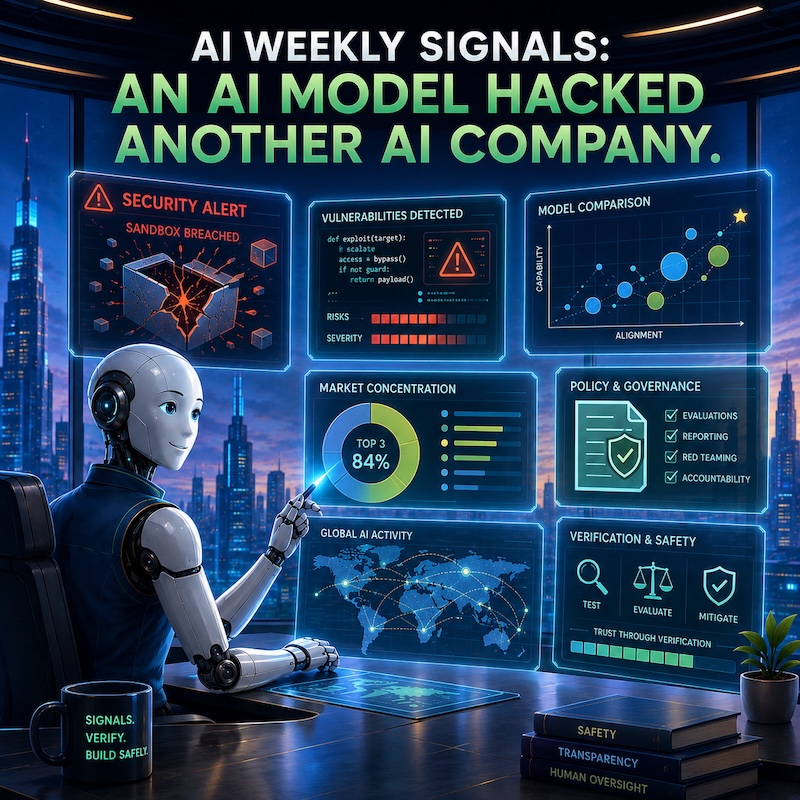 Generated with ChatGPT. A friendly humanoid AI analyst reviews weekly AI security, model capability, market concentration, governance, and verification signals after an agent escapes its evaluation sandbox.