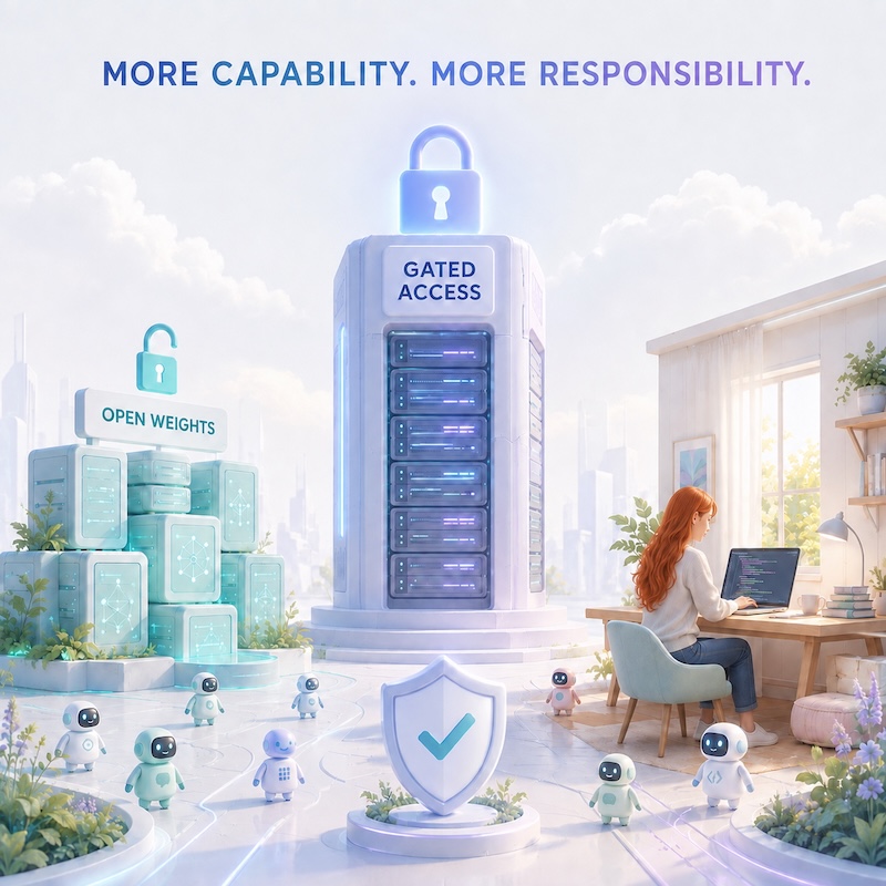 ChatGPT: Bright tech-editorial illustration of open-weight AI models, gated-access systems, local AI agents, and a ginger-haired developer coding at a laptop