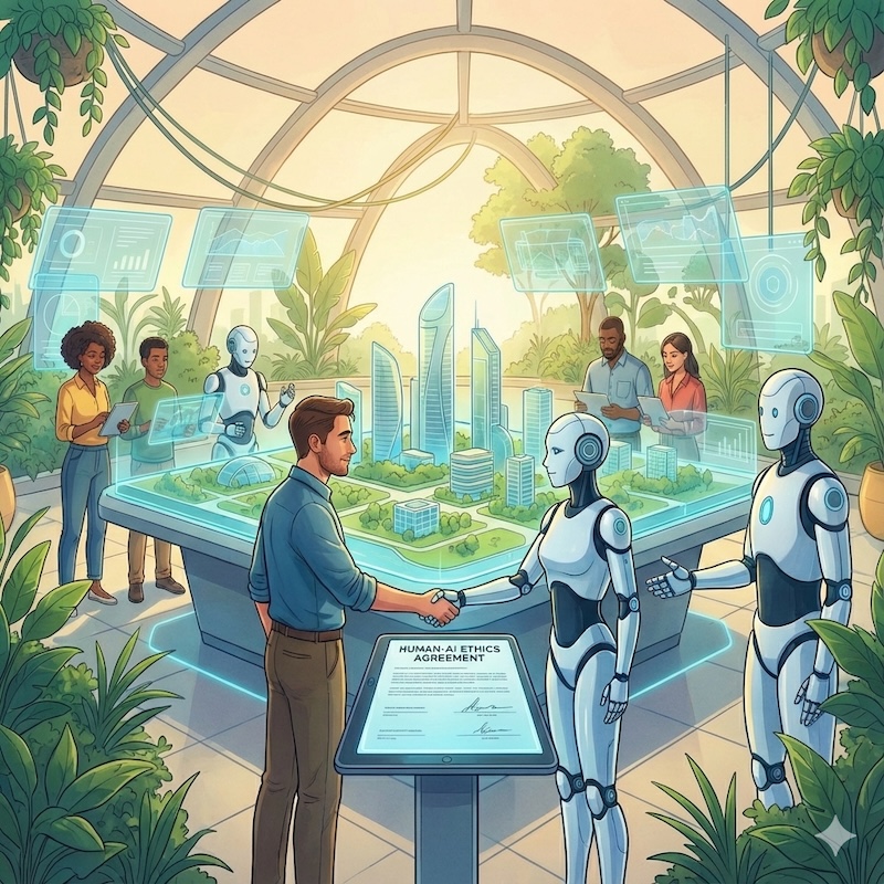 DALL·E 3 via ChatGPT: A futuristic, bright scene of humans and AI collaborating on a sustainable city.