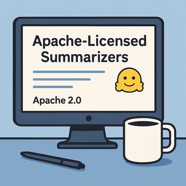 Image generated with DALL·E via ChatGPT (GPT-5). Hugging Face logo used under fair editorial use. Prompt: flat digital illustration of a cozy workspace with a computer monitor showing Hugging Face model cards, a coffee mug beside it, gentle blue background, soft lighting, minimalist desk, representing open-source summarization with Apache license