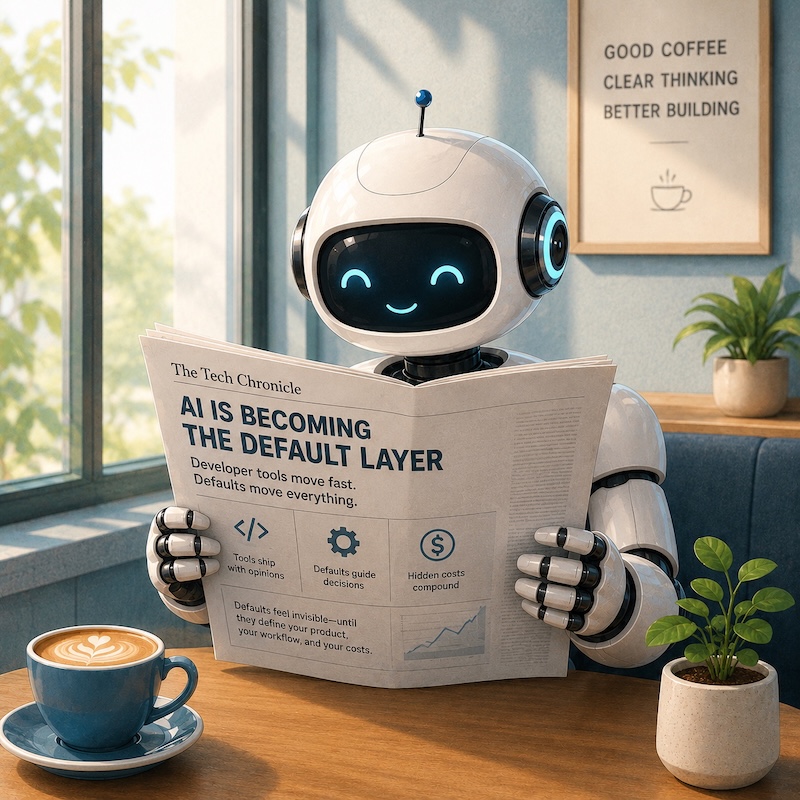 Generated by ChatGPT / DALL·E. Prompt: Friendly robot sitting at a cozy café table reading one newspaper with the headline 'AI Is Becoming the Default Layer'. Clean editorial illustration, modern technology theme, calm and human-centred, soft blue and green colour palette with warm accents, balanced composition, subtle depth, professional magazine style, square.