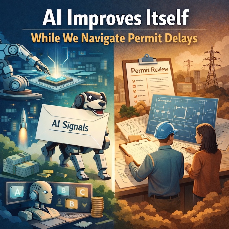 AI improves itself while real-world infrastructure constraints tighten. Generated with DALL·E (OpenAI), February 2026. Prompt: Detailed editorial digital illustration, split composition. Left side: AI progress in cool blue and teal tones — robotic arm working on a glowing AI chip, friendly robotic dog holding an envelope labeled “AI Signals”, rising charts, server racks, subtle rocket launch in background, clean futuristic lab atmosphere, calm and optimistic mood. Right side: infrastructure and permitting process in warm amber tones — engineers reviewing blueprints at a table, clipboard labeled “Permit Review”, data center planning documents, power lines in background, thoughtful discussion rather than protest, analytical and balanced tone. Professional magazine style, soft lighting, balanced composition, subtle depth, high detail, 800x800 square format.
