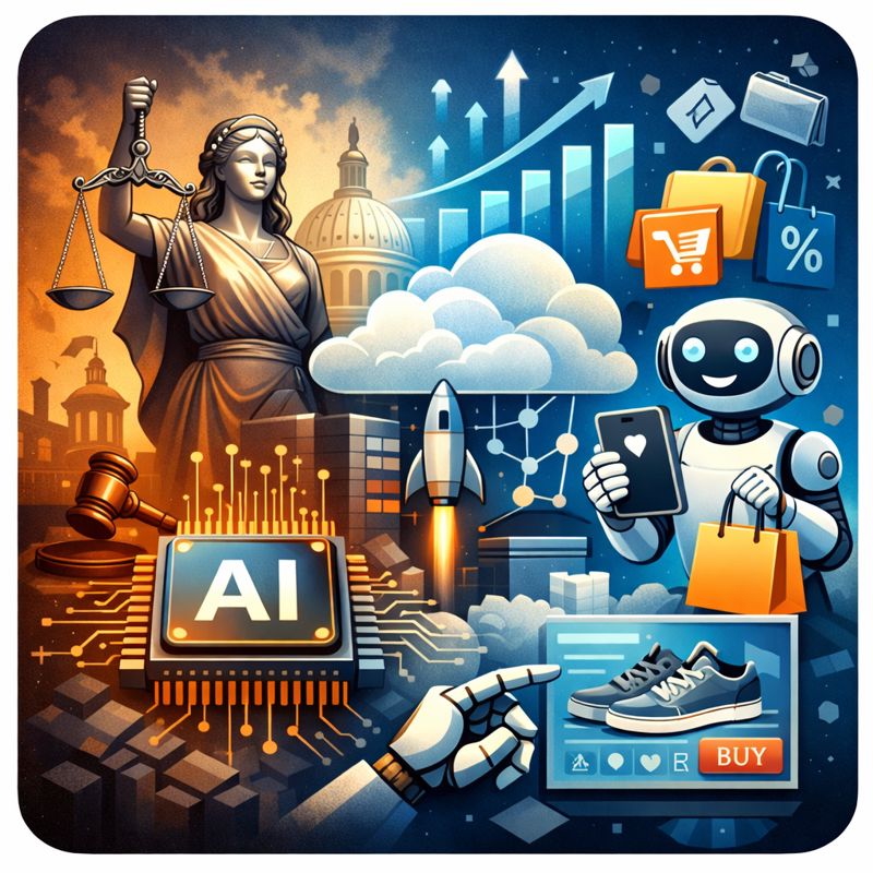 Generated with DALL·E by OpenAI, January 2026. Prompt: Box-format editorial illustration showing the systems shaping AI: on the left, Lady Justice holding scales in front of a government building symbolising regulation; in the centre, modern cloud infrastructure with data nodes and upward momentum; on the right, a friendly AI assistant completing online shopping on a screen. Include an AI semiconductor chip, subtle circuit patterns, and commerce icons. Clean, modern tech-magazine style, balanced composition, professional illustration, calm blue tones with warm accents.