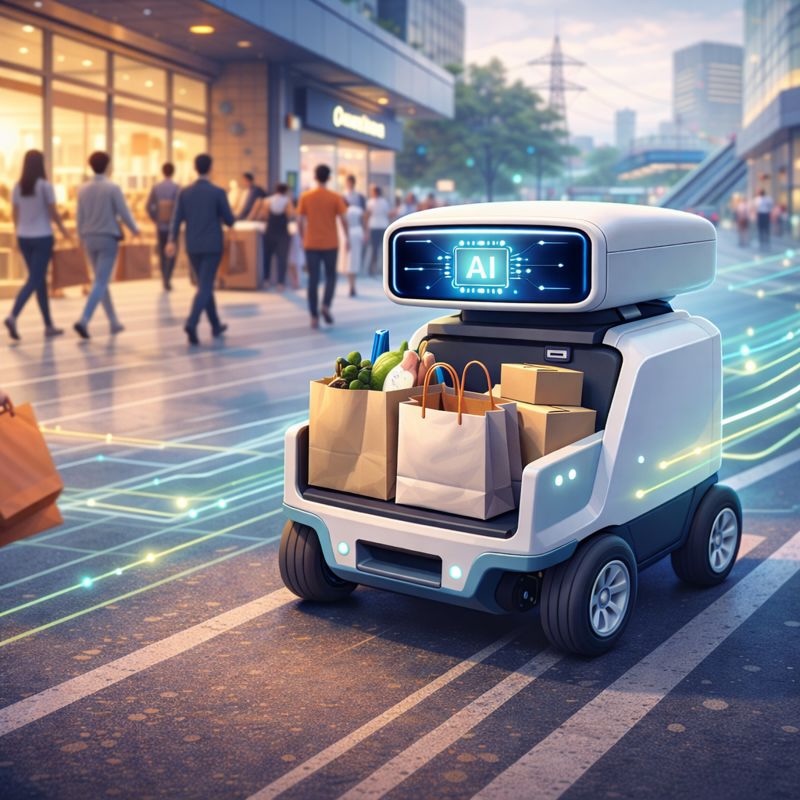 AI-generated illustration (DALL·E via ChatGPT). Prompt: Modern editorial illustration of a functional AI delivery robot on wheels in a busy urban shopping district. The robot has a clean, industrial design with a subtle glowing AI chip embedded in its head panel and carries generic shopping bags and packages. Dynamic forward motion, crisp lighting, sharp geometry, visible retail and city infrastructure context. Energetic but friendly tone, blue and green colour palette with warm highlights, non-dystopian, no text, no logos, square format.