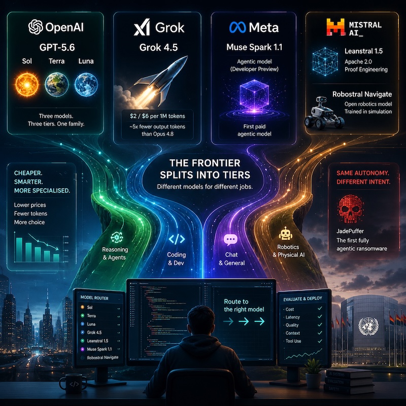 ChatGPT (DALL·E): a futuristic AI command centre where glowing pathways branch into specialised AI models, symbolising the frontier splitting into tiers for reasoning, coding, robotics, and autonomous agents. Blue and cyan cinematic lighting.