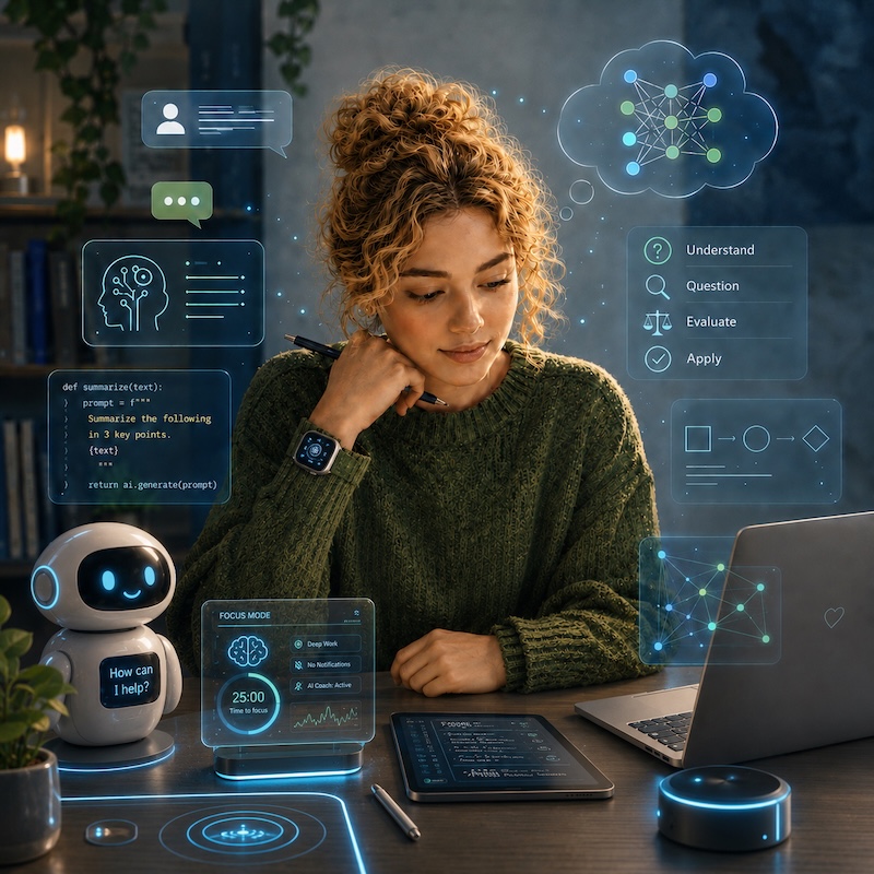 Generated by ChatGPT / DALL·E. Prompt: Square editorial image for a blog post about AI literacy, showing a thoughtful young woman with golden curls at a high-tech desk with a laptop, smartwatch, digital display, tablet, and a small robot assistant, surrounded by subtle AI interface elements.