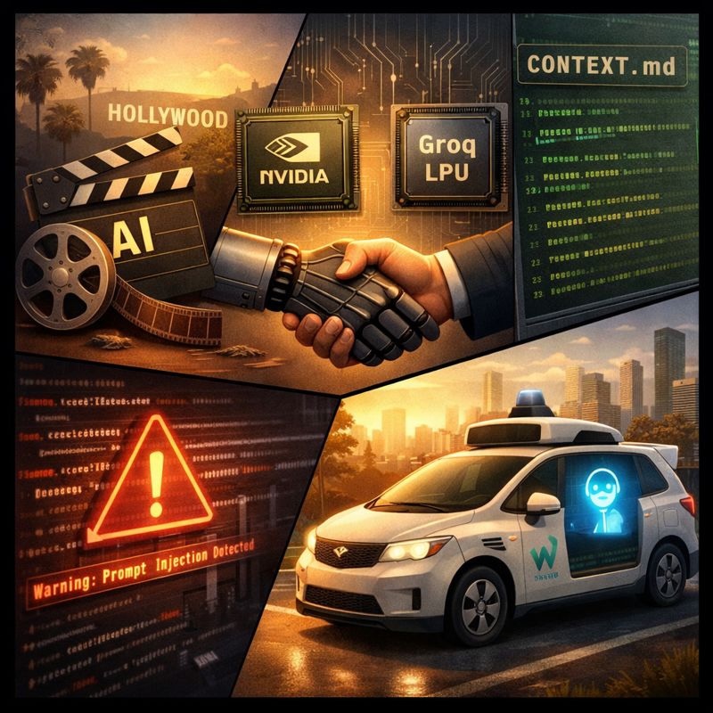 Illustration generated with DALL·E via ChatGPT (GPT-5.2). Illustration showing AI moving from creative hype to engineering reality, including Hollywood media limits, AI hardware collaboration, prompt injection security, developer context files, and a conversational AI robotaxi.