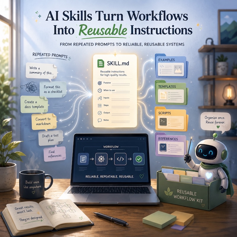 ChatGPT-5.5 Thinking / DALL·E: AI skills turning repeated prompts into reusable workflow instructions. Prompt: Create a lovely square editorial illustration for a blog post about AI skills turning workflows into reusable instructions, showing a warm developer workspace, a friendly AI assistant, a central `SKILL.md` card, and reusable workflow cards organised from repeated prompts.