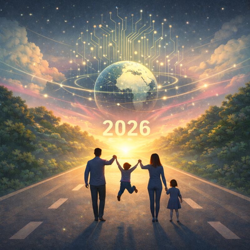 Illustration generated with DALL·E via ChatGPT (GPT-5.2). Prompt:A hopeful, human-centred illustration of a family walking toward 2026 at sunset, with abstract AI circuitry forming a calm, supportive technological horizon.