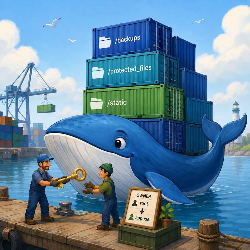 Midjourney: a friendly blue whale carrying neatly labelled cargo containers, one worker handing a key to another at the dock