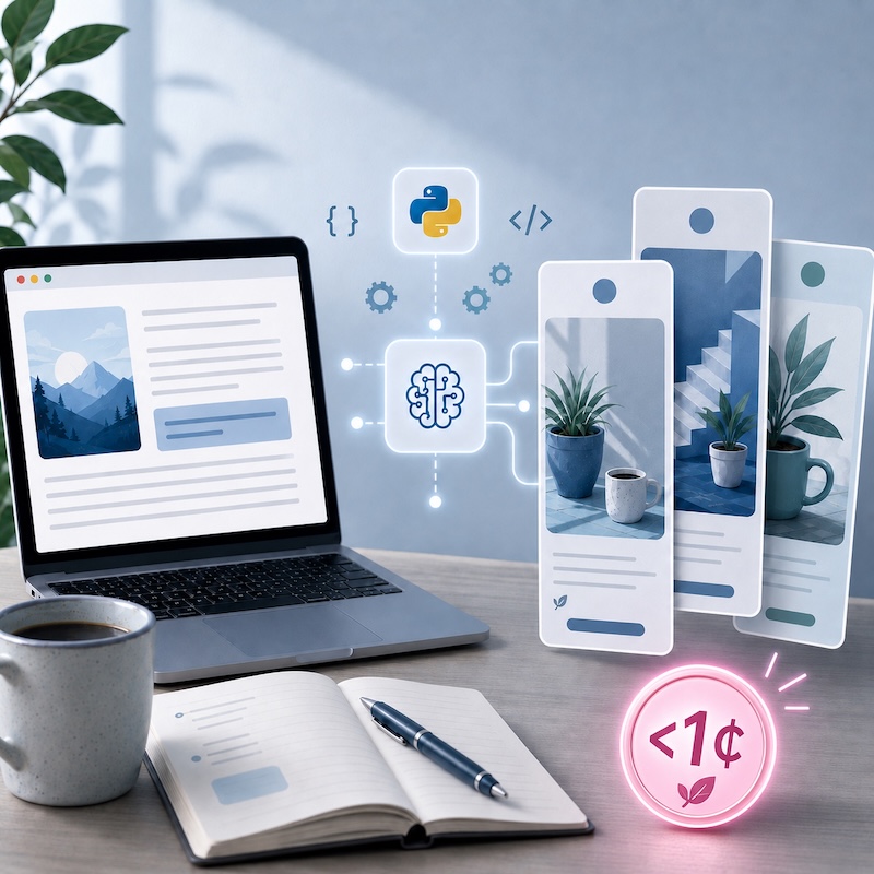 Generated by ChatGPT / DALL·E. Prompt: Create a clean square title illustration for a blog post about the tiny cost of generating Pinterest-style pins with an AI API. Show a laptop with an abstract blog article on the left, an AI/Python automation flow in the centre, and generated vertical pin-style cards on the right. Use a cool blue colour palette for the overall scene. Make the “<1¢” cost badge more prominent and clearly visible in pink so it stands out strongly. Keep the illustration modern, editorial, friendly, and suitable for a technical blog header.