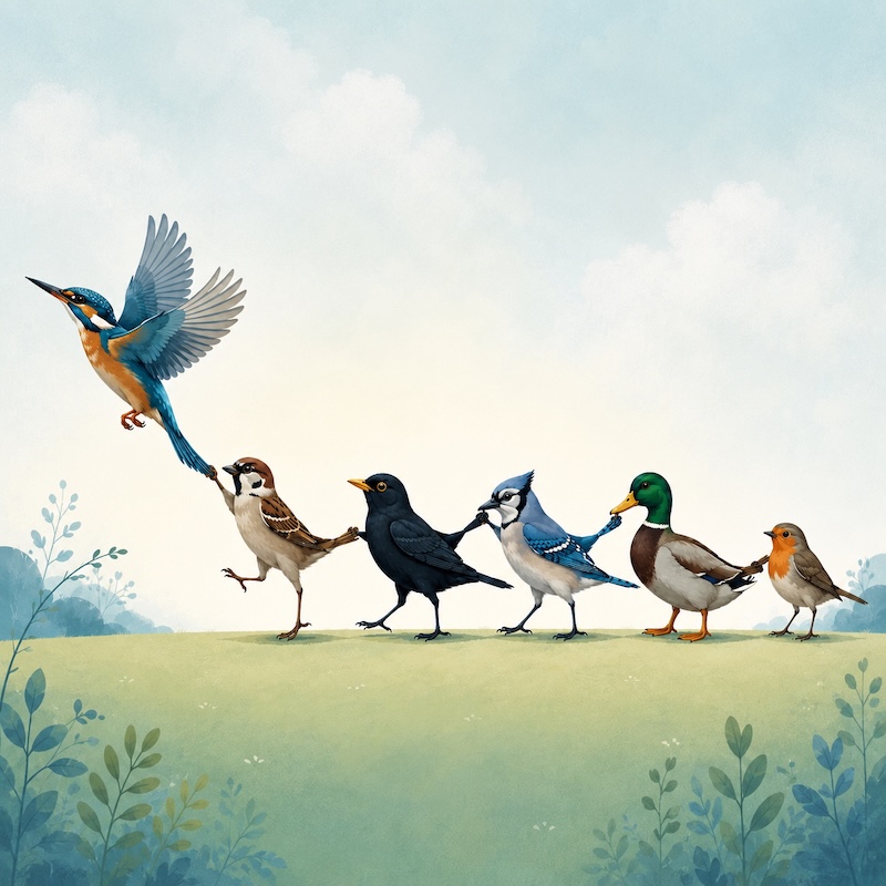 Generated by ChatGPT / DALL·E. Prompt: A square editorial illustration of different bird species forming a tail-holding chain, with the first bird flying off, representing Python generators yielding values one by one.