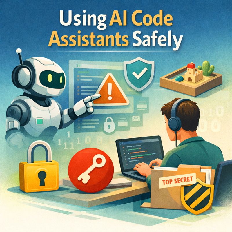 Generated with DALL·E by OpenAI, January 2026. Prompt: A square, clean editorial illustration about using AI code assistants safely. A friendly, non-threatening robot assistant points at a warning symbol on a translucent code interface, while a human developer works at a laptop. Visual elements include a shield icon, a padlock, a key, and subtle security indicators integrated into the scene. Calm, human-centred mood. Modern technology magazine style. Soft blue and green colour palette with warm accents. Balanced composition, subtle depth, professional and reassuring tone. No fear, no dystopia.