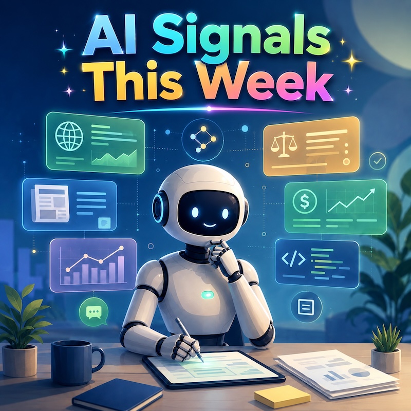Generated with DALL-E via ChatGPT. Prompt: A friendly AI assistant at a modern desk reviewing abstract weekly AI signals, surrounded by generic floating panels for news, policy, finance, developer tools, and data charts. Add the colourful title text “AI Signals This Week” above the assistant. Clean reusable square editorial illustration in soft blues, greens, and warm accents.