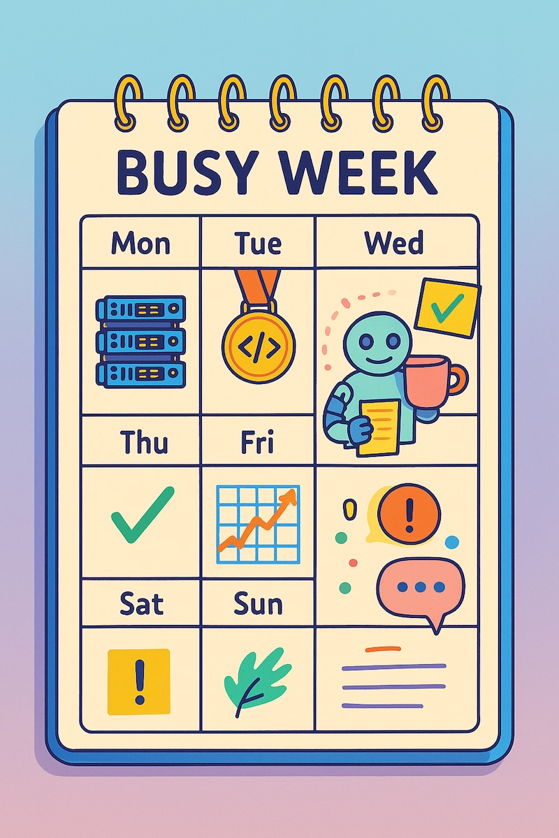 ChatGPT5: Weekly planner with playful AI doodles: GPUs, coding medal, friendly robot, and charts.