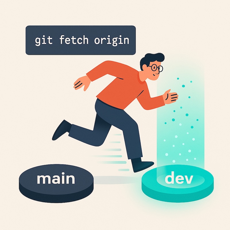 DALL·E / OpenAI’s image model inside ChatGPT 5.0: A flat-style digital illustration depicts a software developer transitioning from the 'main' branch to the 'dev' branch using the command ‘git fetch origin’, displayed in a clean, digital flat art style with a light beige background. The developer, depicted with black hair, glasses, and casual attire, steps from a dark grey platform labelled ‘main’ towards a glowing turquoise ‘dev’ platform, while a teleportation effect reinforces the shift between the two branches.