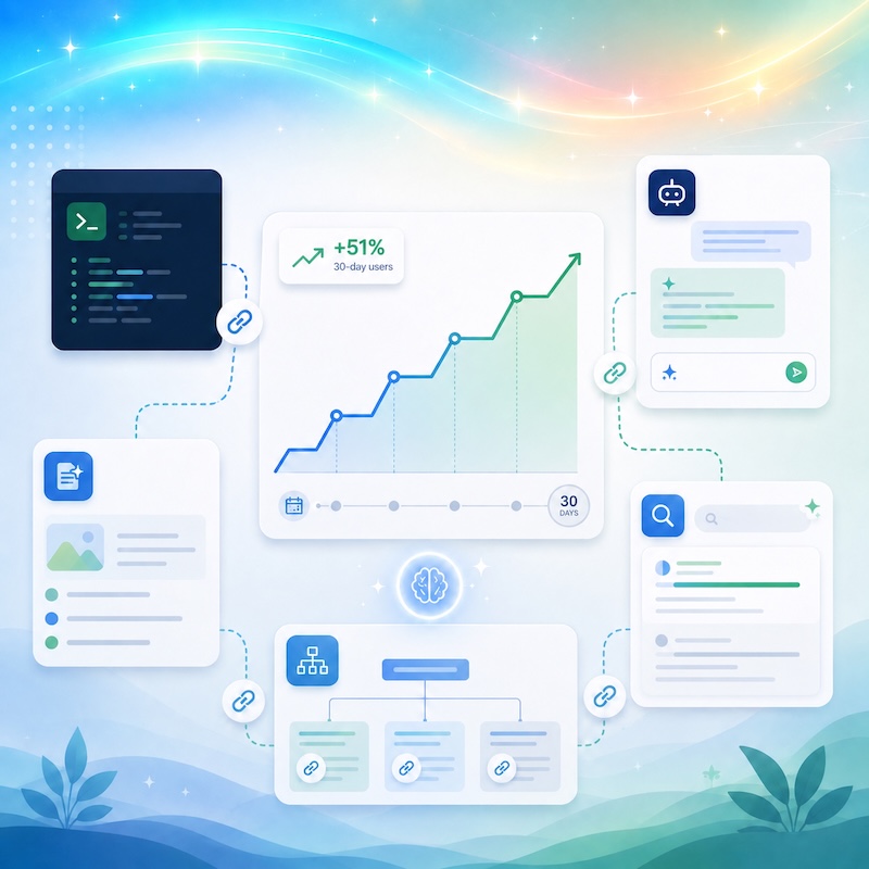 ChatGPT: connected AI content cards and a staged analytics chart showing 51% growth in 30-day users after one month of GEO optimisation