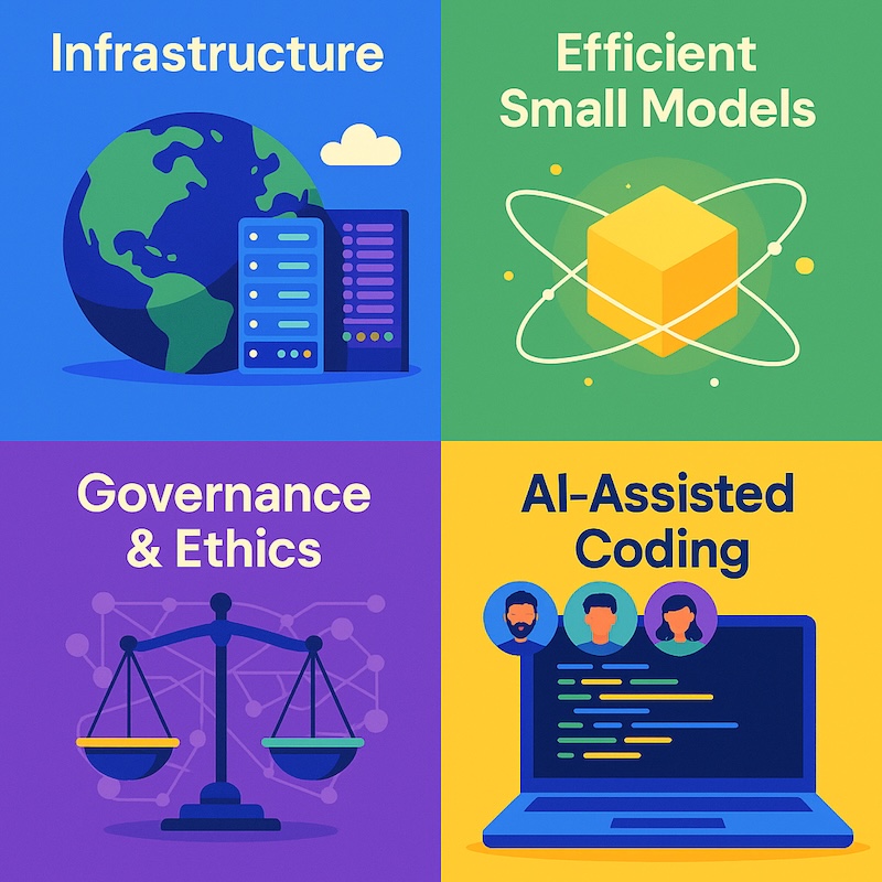 DALL·E via ChatGPT (GPT-5): Future Foundations of AI — Infrastructure, Efficient Small Models, and AI-Assisted Coding. Prompt used: flat digital illustration with four tiles representing the foundations of modern AI: global data infrastructure, efficient small models, and AI-assisted coding with multiple agents. main colours: blue, green, violet, and yellow. clean, professional, minimalistic style with soft gradients and warm lighting.