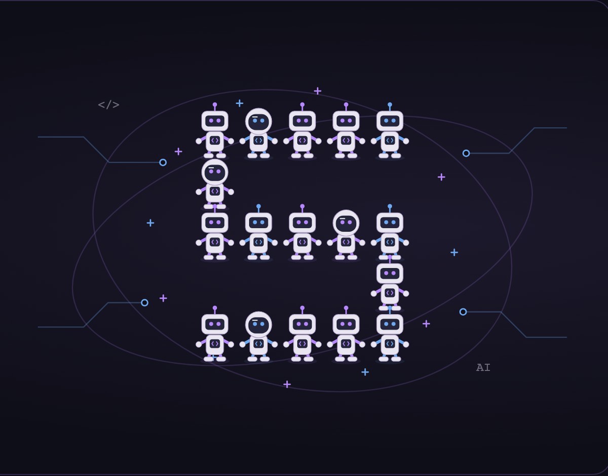 ChatGPT (Astra): a crew of friendly robots gathers into the number five, from the homepage's five-year anniversary animation, refined by Claude Sonnet 5