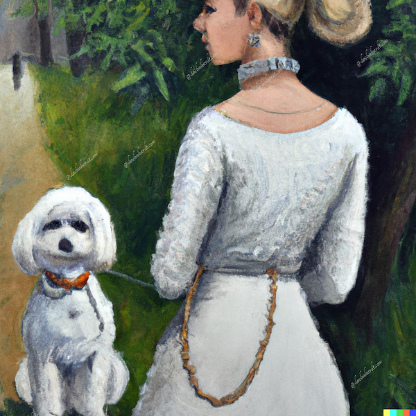 DALL-E on the Highly detailed oil painting of a girl with a pearl earring walks in a park with white dog
