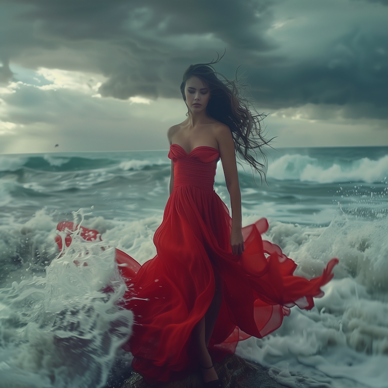 Midjouney:  Elena in red dress looks into the camera, is at the ocean, stormy weather, HD