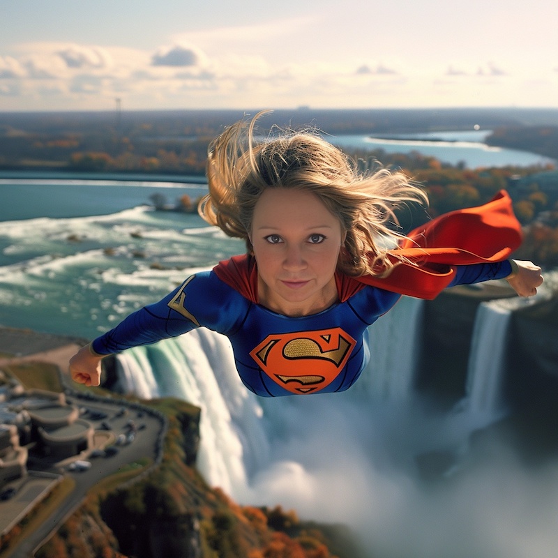 Midjouney + INSwapper result: Elena as the super-girl, close up face, flies over great falls on sunny day, high-resolution HD Canon camera
