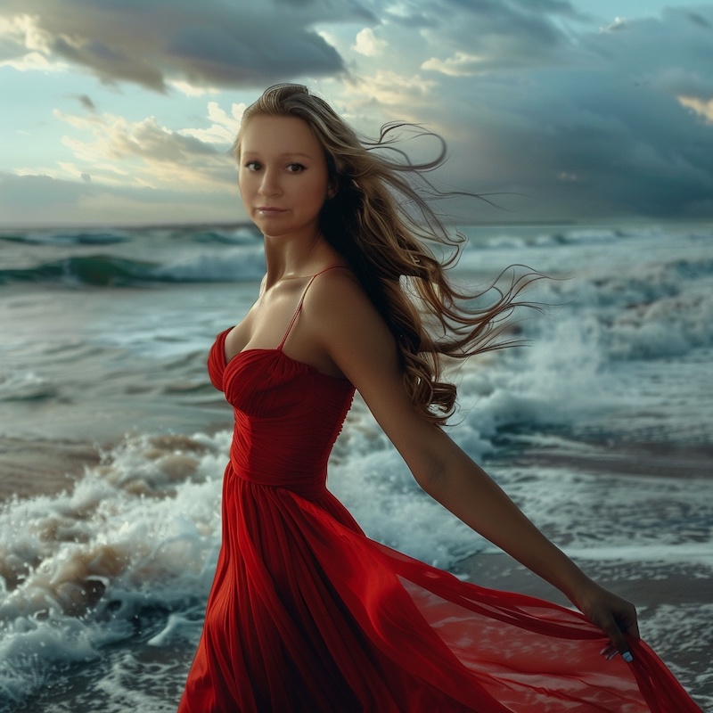 Discord bots: Midjouney plus InsightFaceSwap for Elena in red dress at stormy beach