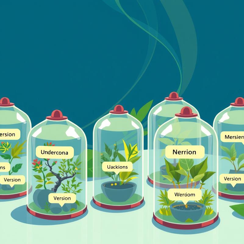 Flux: Several separate glass terrariums each containing a different self-contained ecosystem of tools and version labels, r...