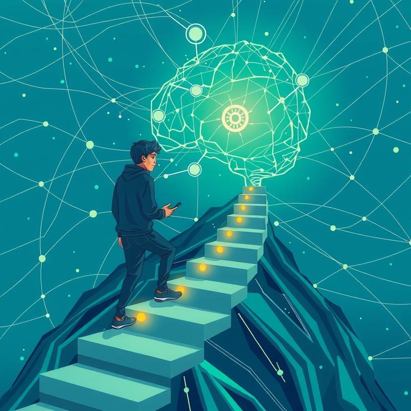 Flux: a learner climbing glowing course milestones toward a detailed neural network summit, richly detailed editorial illus...