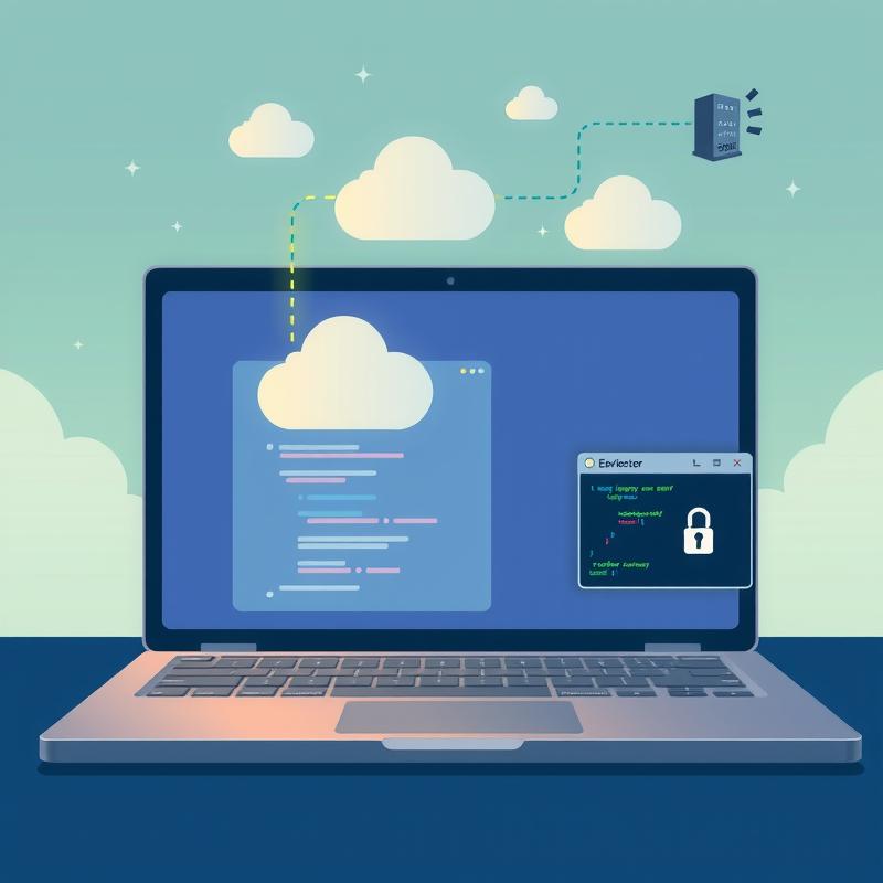 Flux: A developer's laptop screen showing a cloud-hosted code editor connected by a glowing line to a distant server icon i...