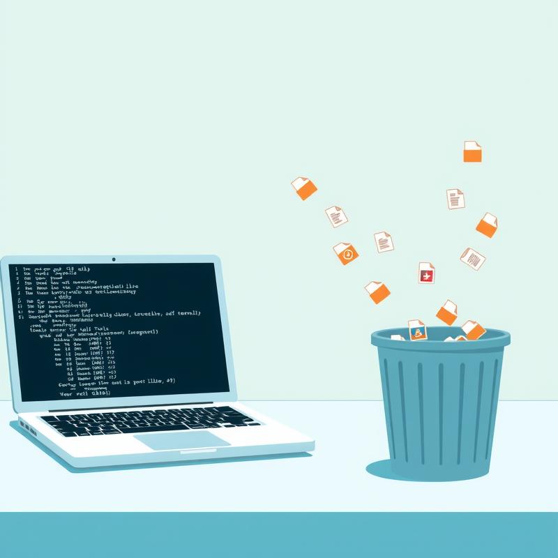Flux: A MacBook on a tidy desk with a Terminal window open, a gentle stream of small file and cache icons flowing out of th...