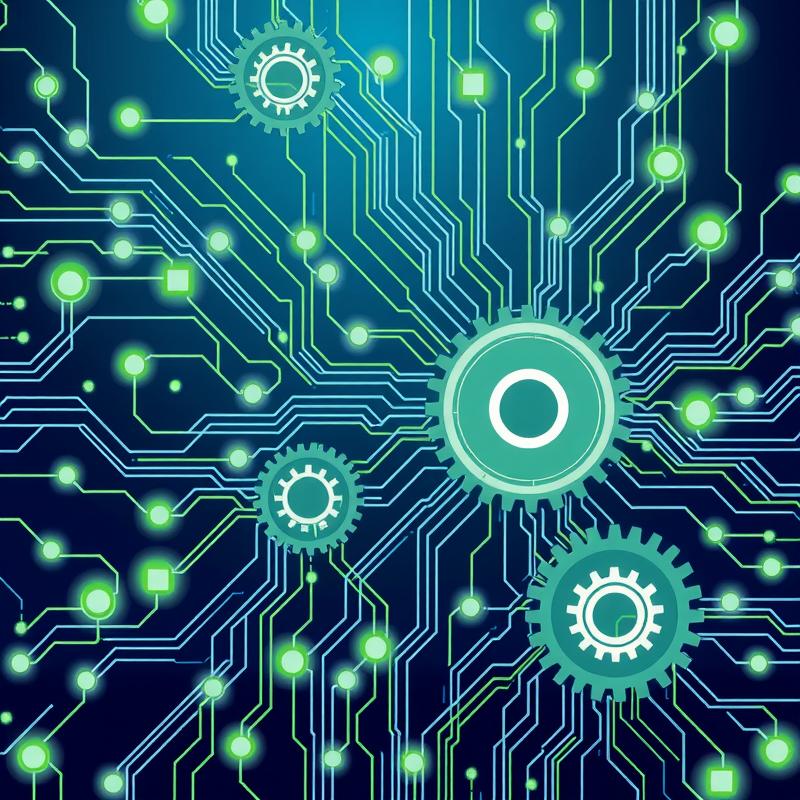 Flux: an abstract network of glowing circuit pathways and interlocking gears, structured and flowing, richly detailed edito...