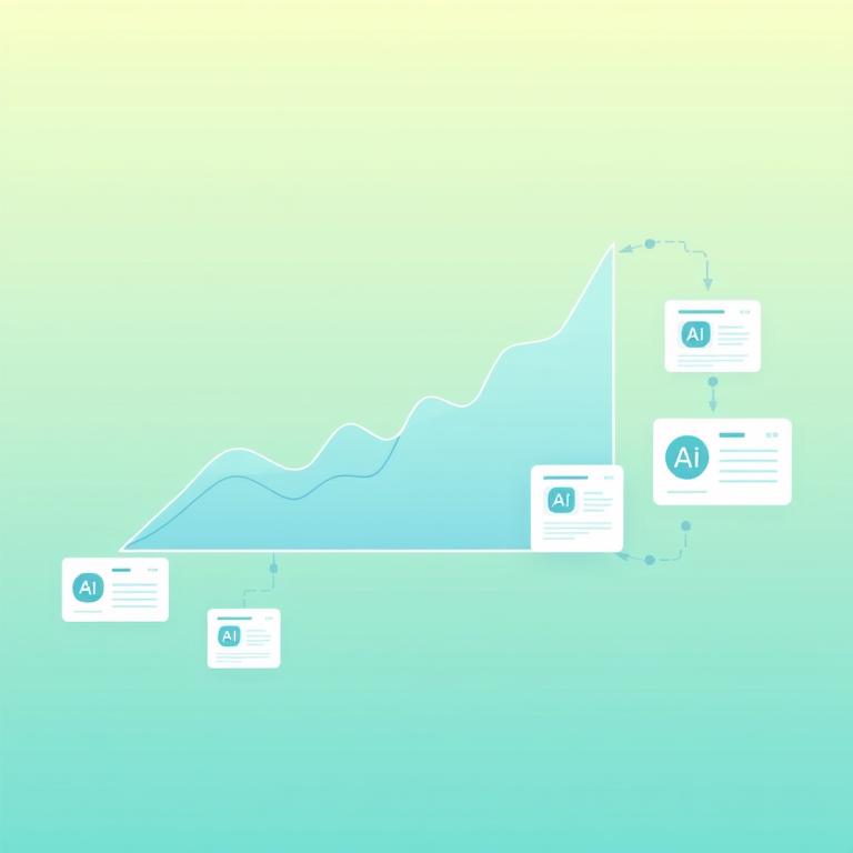 Flux: editorial chart climbing in stages next to connected AI tutorial cards, soft blue-green palette