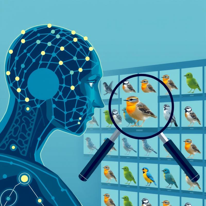 Flux: A reloaded neural network model examining a grid of bird photographs, with a magnifying glass highlighting a few visu...