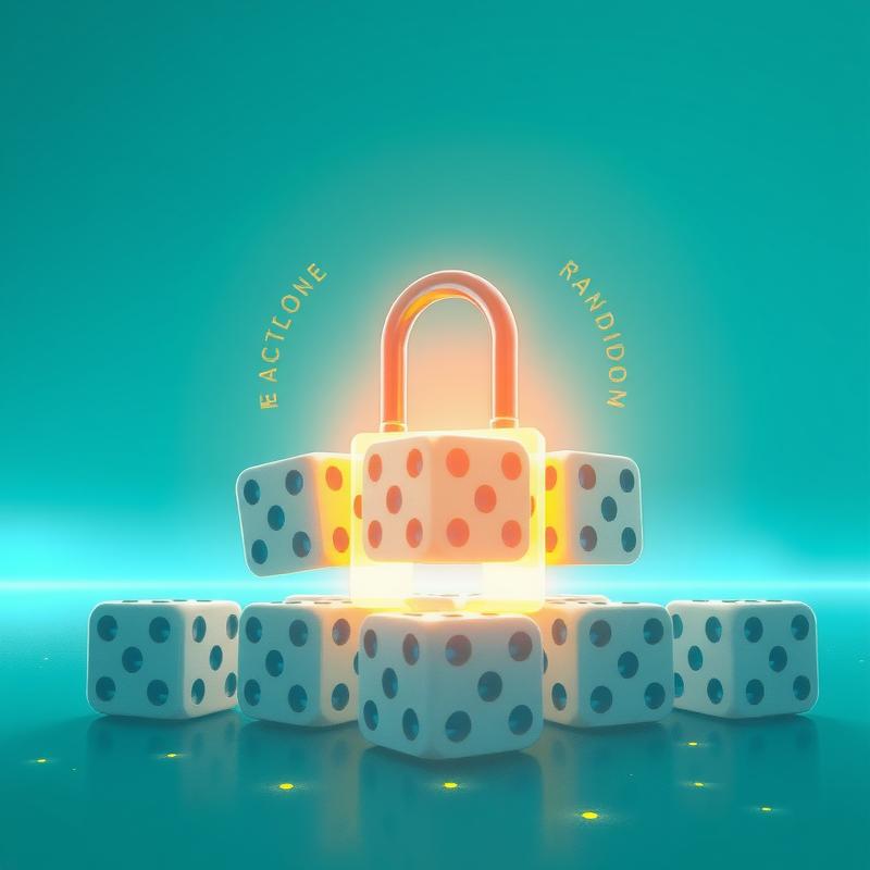 Flux: A single glowing key unlocking several synchronized dice frozen mid-roll, representing seeded randomness producing re...