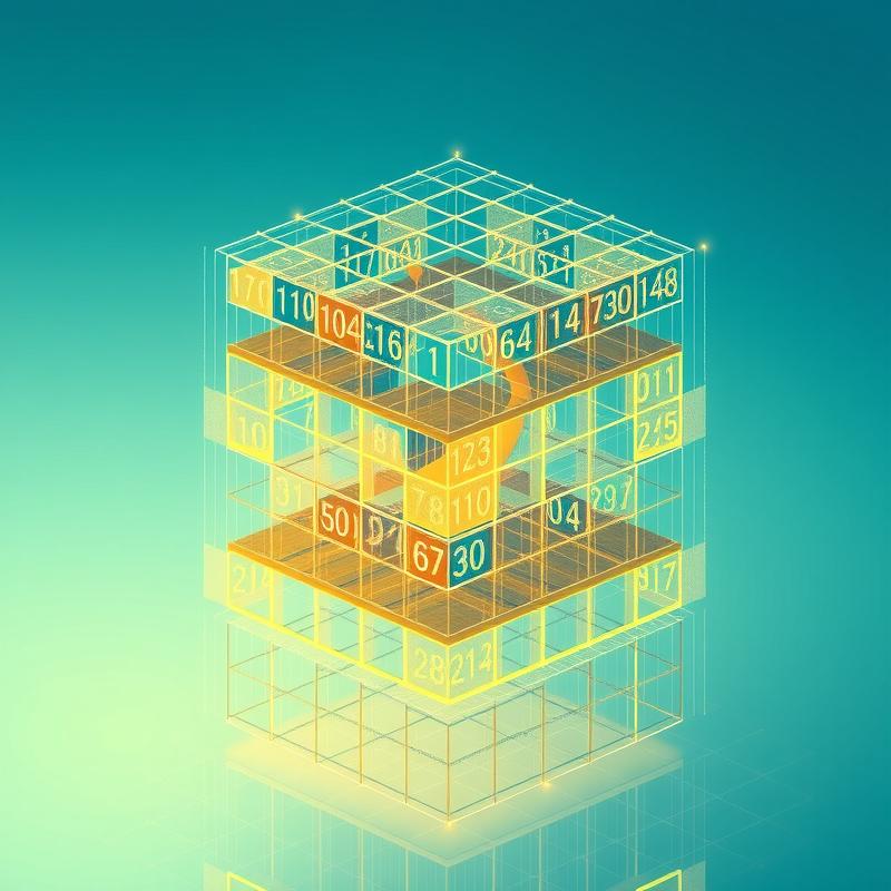 Flux: Stacked geometric grids of glowing numbers morphing between dimensions, representing scalars, vectors, and matrices a...
