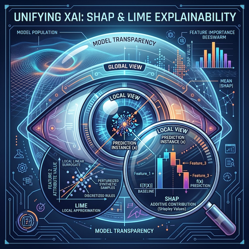 Technical illustration unifying global and local explainability concepts using SHAP and LIME