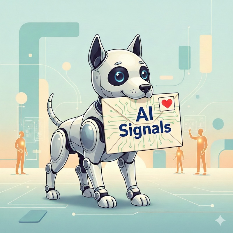 Nano Banana via Gemini. Prompt: A robotic but friendly dog brings a huge white envelope with a written 'AI Signals' on it. clean editorial illustration, modern technology theme, calm and human-centred, soft blue and green colour palette with warm accents, balanced composition, subtle depth, professional magazine style, square.