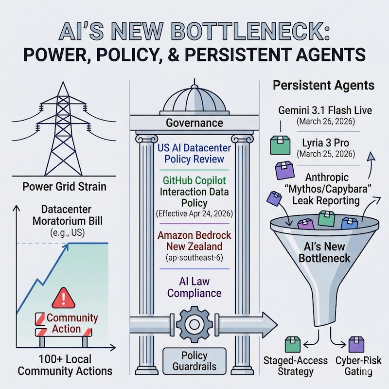 Generated by Gemini 3 Flash / Nano Banana 2. Prompt: Minimalist infrastructure visualization showing constraints in power grids, regulatory policy, and persistent software agents.