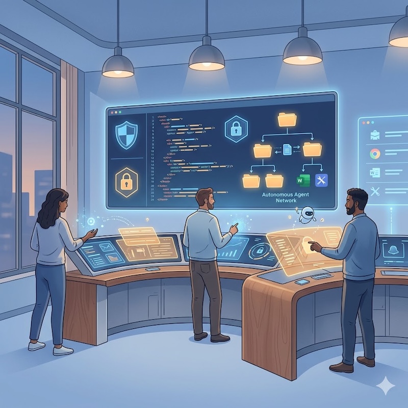 Gemini image. Prompt: A calm editorial illustration of an AI control room with dashboards showing code, cybersecurity shields, and autonomous agents working across files and tools. Modern technology magazine style, soft blue and amber palette, balanced composition, human-centred, square.