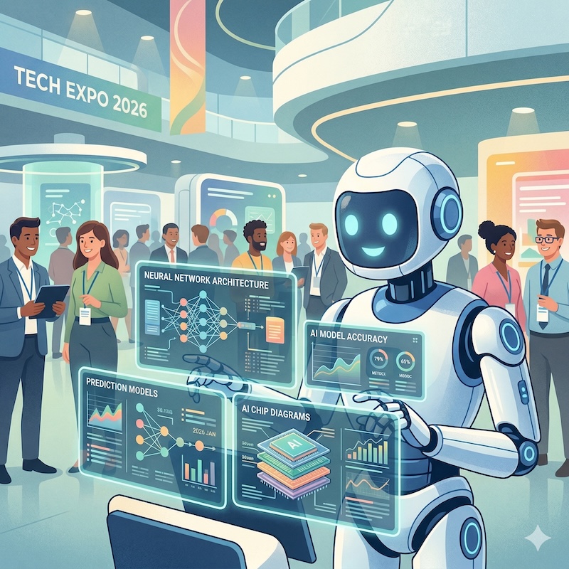 AI-generated by Gemini 3 Flash (Nano Banana 2), 2026. Prompt: A friendly robot at a busy technology conference, looking at multiple glowing screens showing AI models and chip diagrams. Clean editorial illustration, modern technology theme, calm and human-centred, soft blue and green colour palette with warm accents, balanced composition, subtle depth, professional magazine style, square.