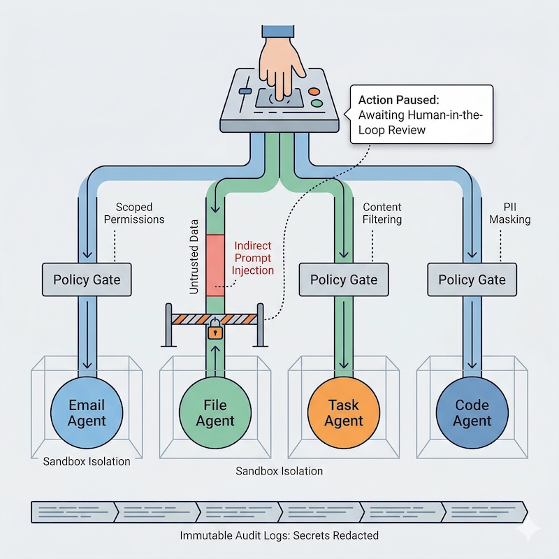 Generated by Gemini 3 Flash / Nano Banana 2. Prompt: Minimalist data-flow illustration of secure agentic workflows, featuring policy gates and sandbox isolation.