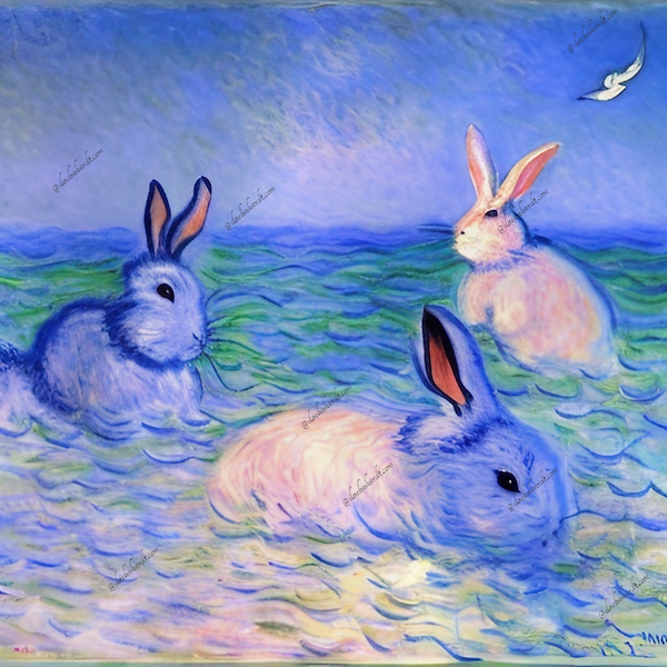 Rabbits swim in the sea waves 2