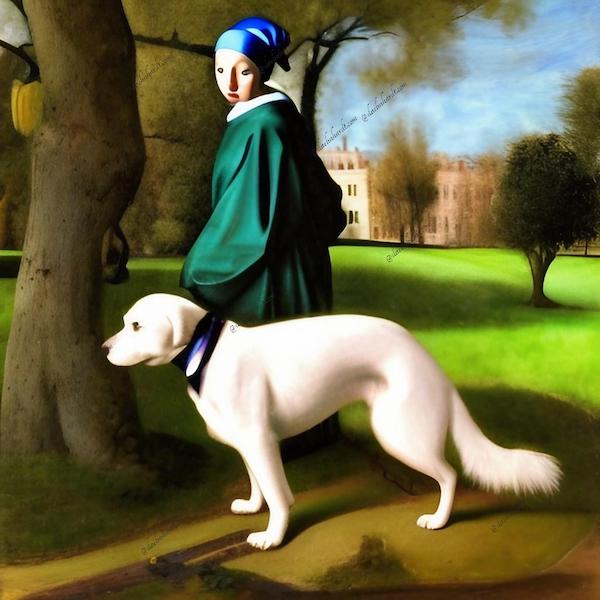 Girl with a pearl earring walks in a park with white dog, Jasper.ai