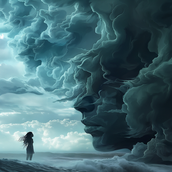 Midjourney 6.0, May 2024: AI hallucinations and storm clouds a girl looks at, HD