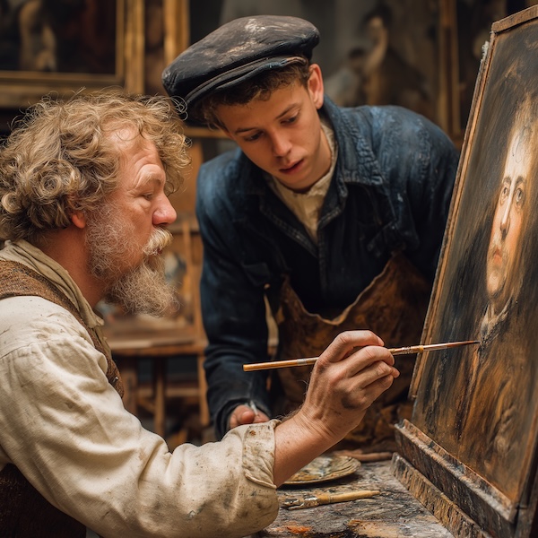 Midjourney 7.0: Rembrandt's workshop, where students make their pain strokes, HD